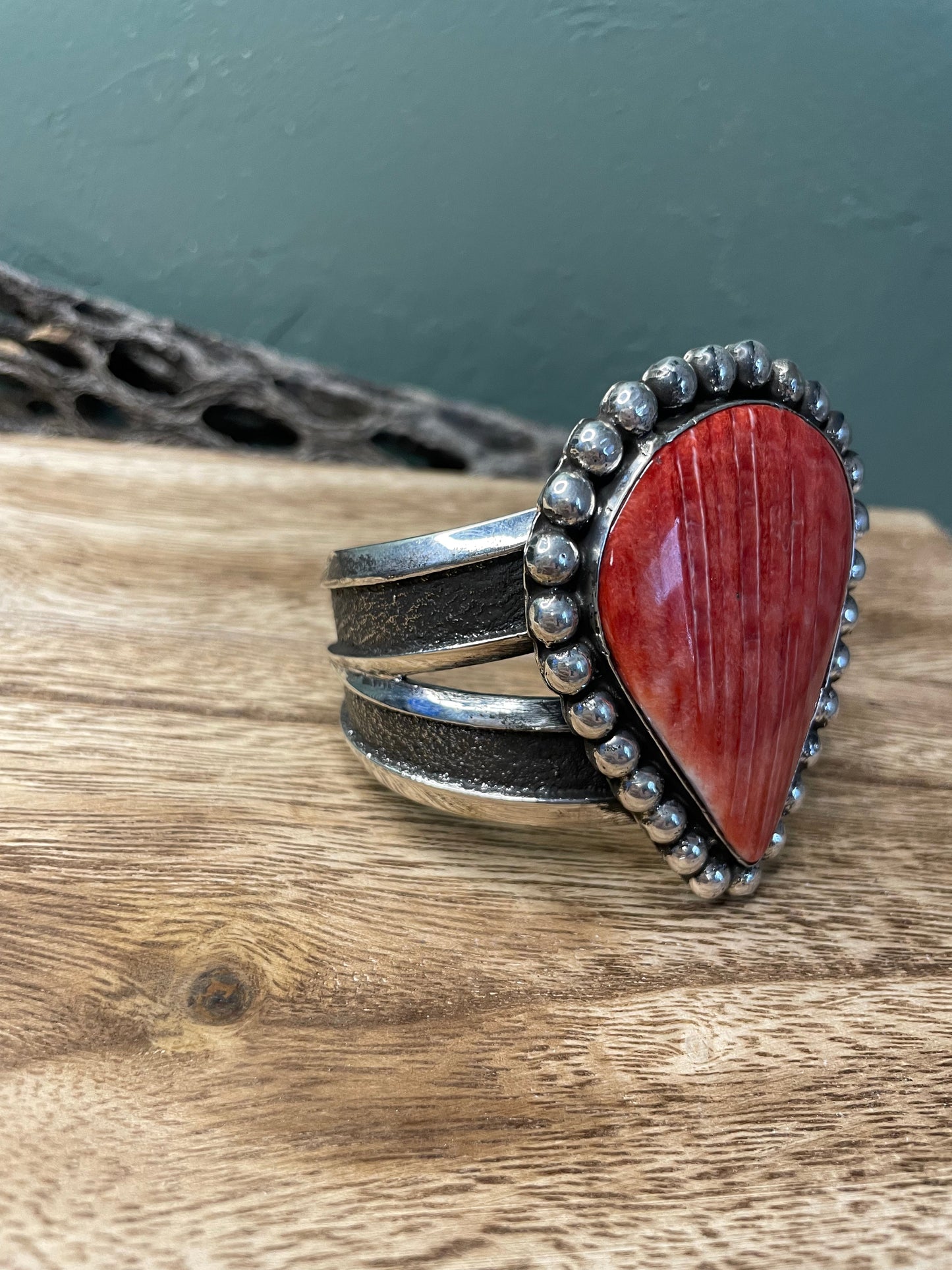 Navajo Orange Spiny And Sterling Silver Cuff Bracelet