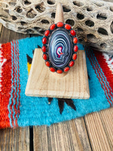 Load image into Gallery viewer, Handmade Sterling Silver, Fordite &amp; Coral Cluster Adjustable Ring