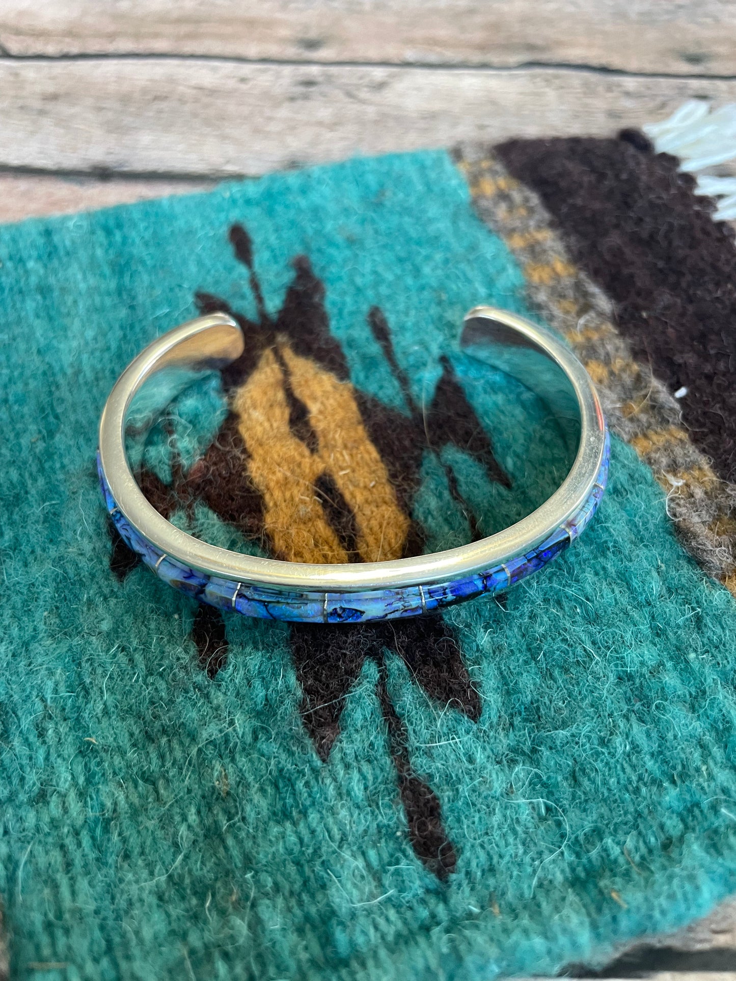 Navajo Handmade Sterling & Blue Opal Web Inlay Cuff Bracelet