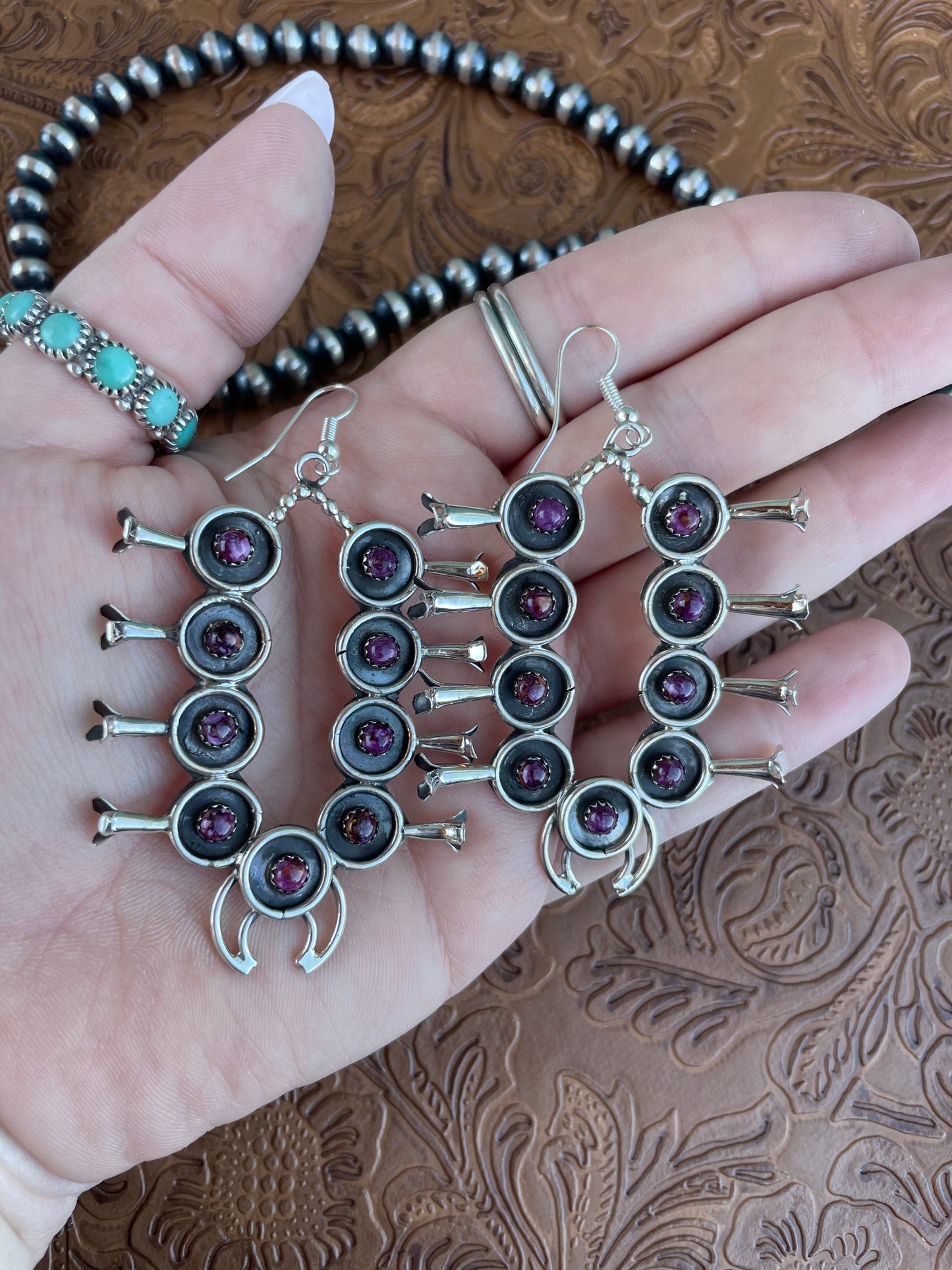 Navajo Purple Spiny and Sterling Silver Blossom Dangle Earrings