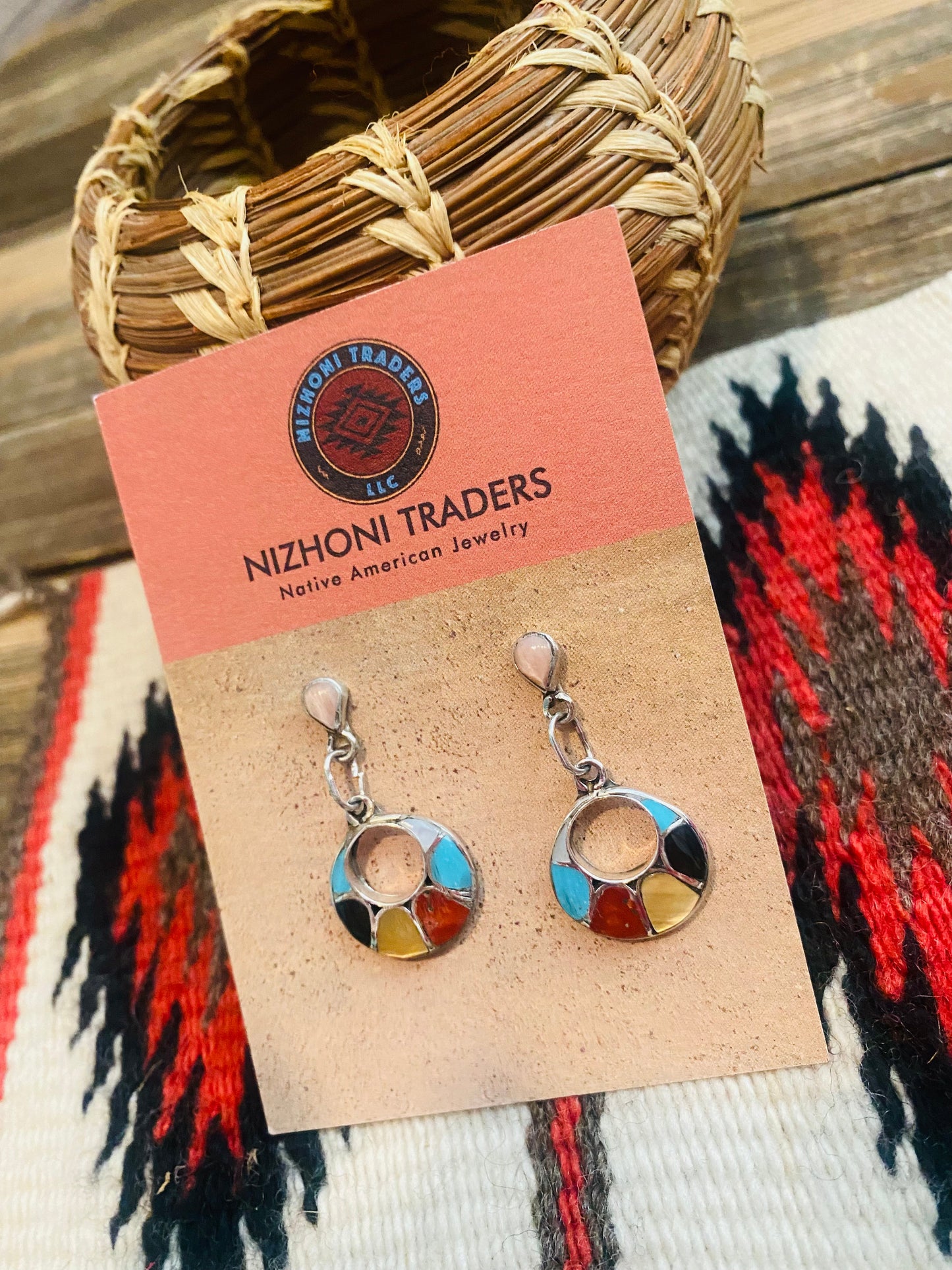 Zuni Sterling Silver & Multi Stone Inlay Dangle Earrings