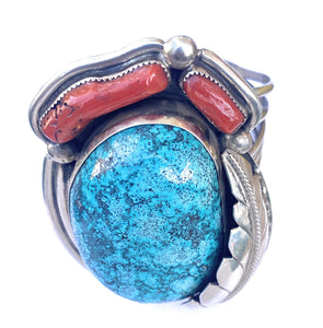 Incredible Navajo Handmade Bisbee Turquoise, Coral & Sterling Silver Jumbo Cuff Bracelet