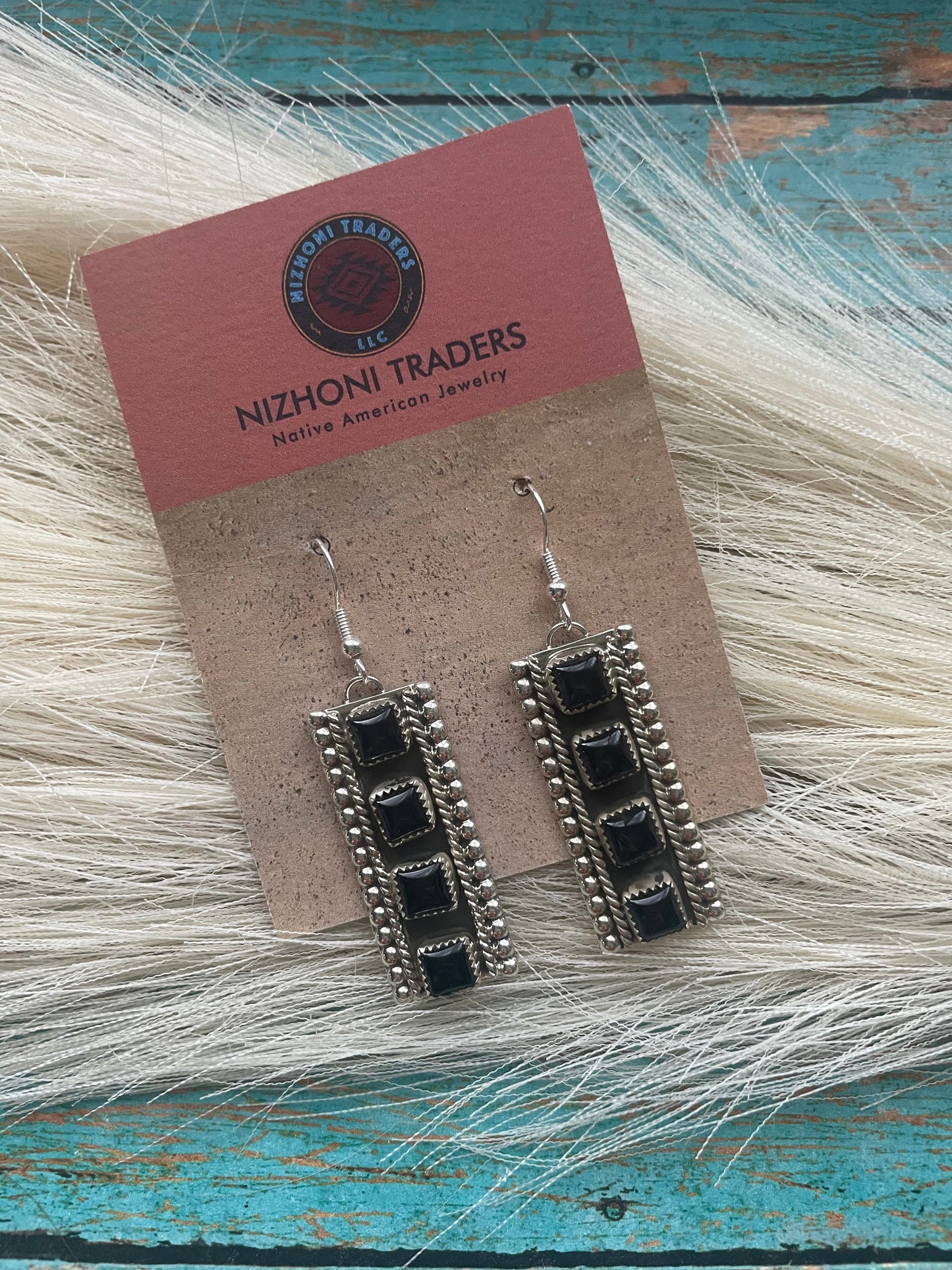 Navajo Sterling Silver & 4 Stone Black Onyx Dangle Earrings