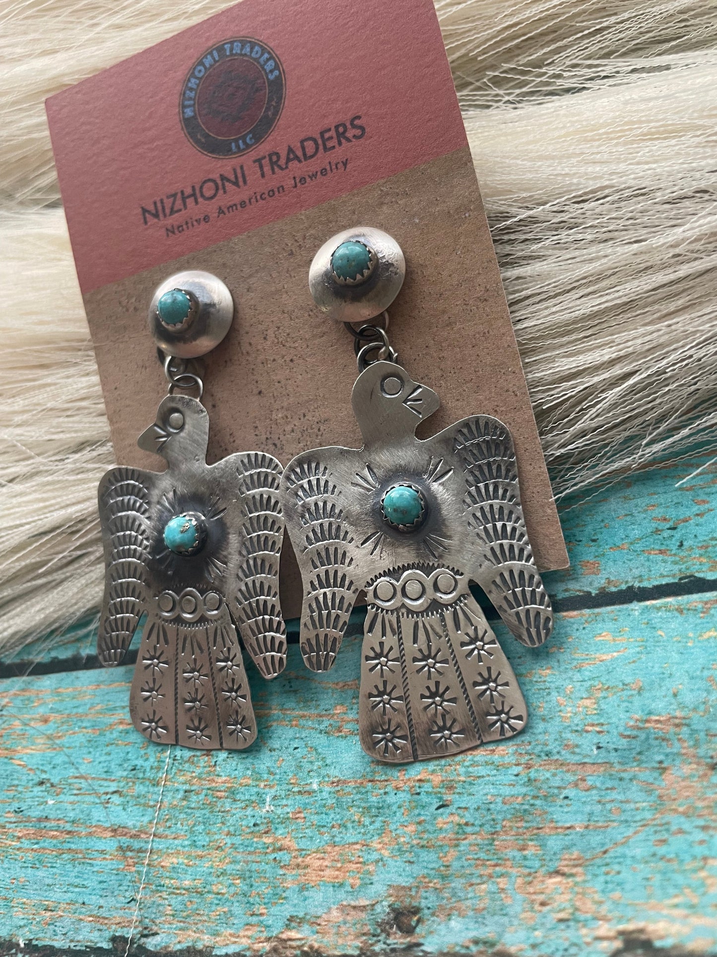 Navajo Turquoise & Sterling Silver Thunderbird Dangle Earrings By Tim Yazzie
