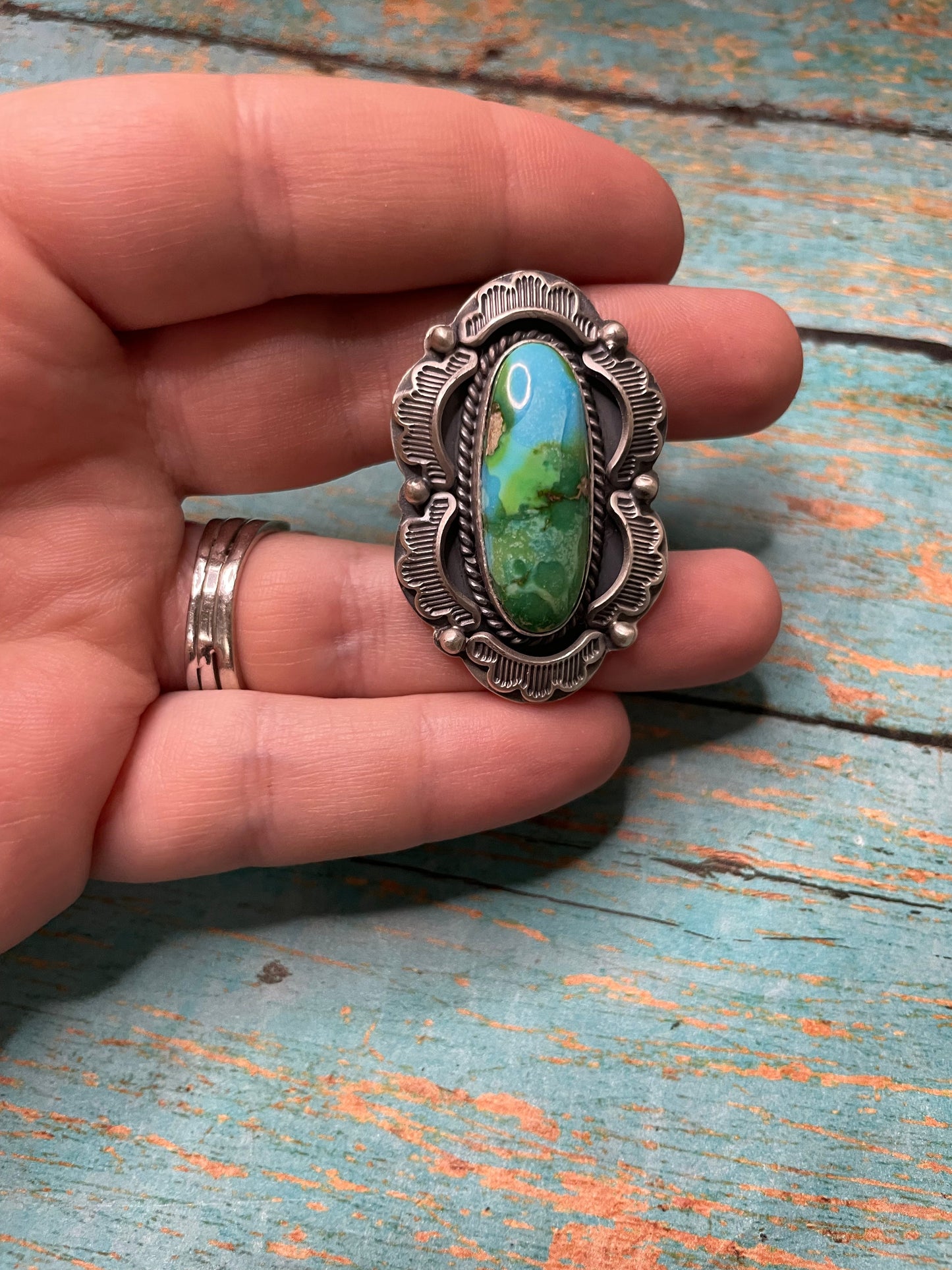 Navajo Sonoran Mountain Turquoise And Sterling Silver Statement Ring Size 8