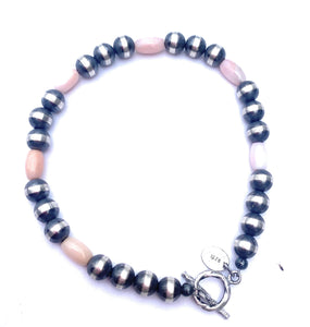 Navajo 6mm Sterling Silver Pearl & Pink Opal Beaded Bracelet