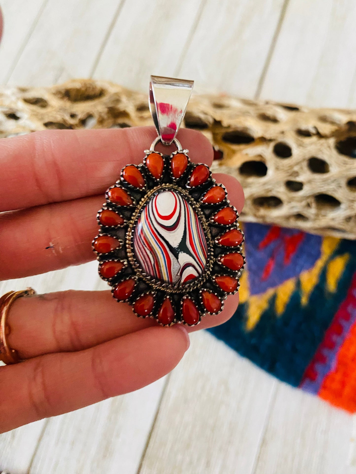 Handmade Sterling Silver, Fordite & Coral Cluster Pendant