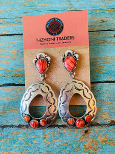 Navajo Sterling Silver & Red Spiny Concho Dangle Earrings