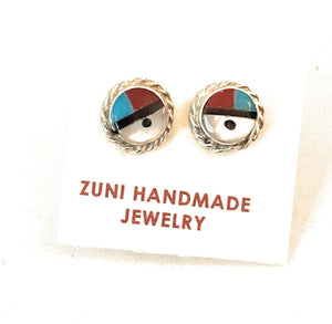 Zuni Sun Face Multi Stone & Sterling Silver Inlay Stud Earrings
