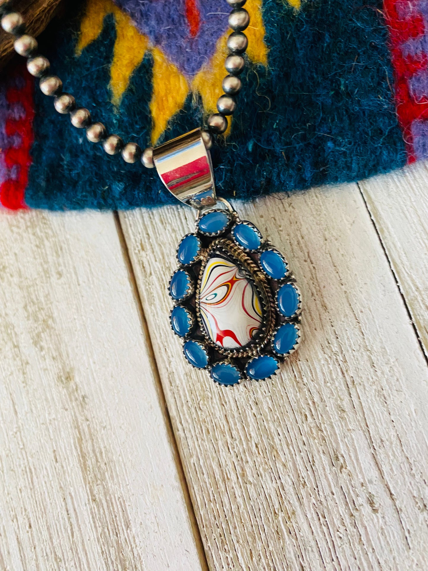 Handmade Sterling Silver, Fordite & Blue Calcedony Cluster Pendant