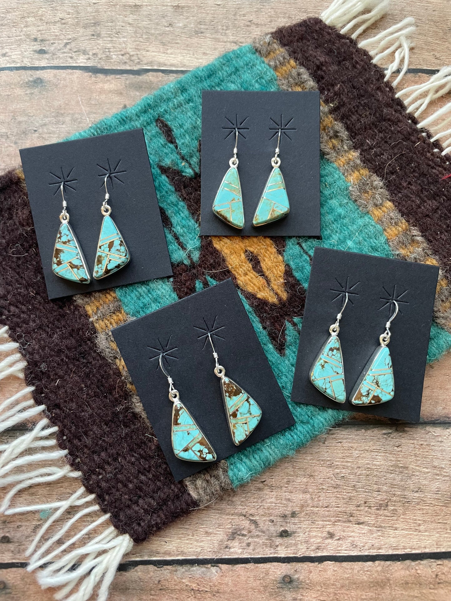 Navajo Number 8 Turquoise Inlay & Sterling Silver Dangle Earrings Signed