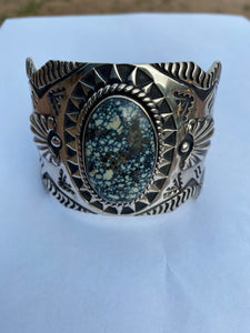 Navajo Hand Stamped New Lander Turquoise & Sterling Silver Cross Cuff  Bracelet By Elvira Bill
