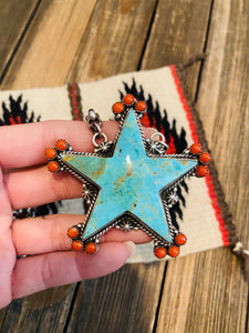 Navajo Turquoise, Coral & Sterling Silver Star Necklace Signed