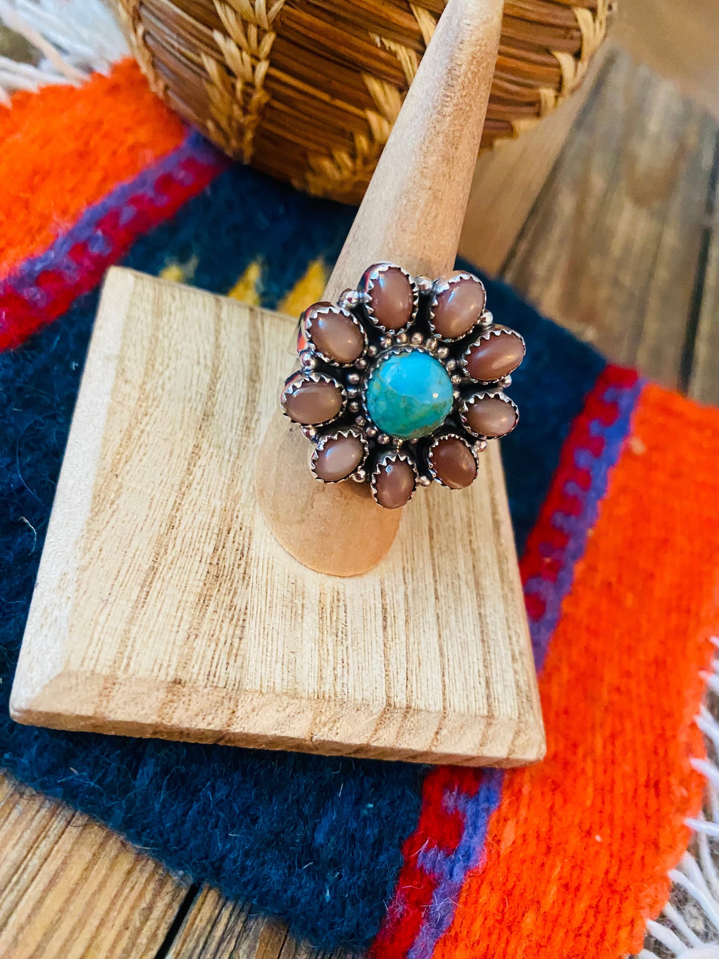 Handmade Sterling Silver, Mother of Pearl & Turquoise Cluster Adjustable Ring