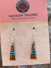 Load image into Gallery viewer, Navajo Turquoise, Onyx, Petrified Wood &amp; Sterling Silver Inlay Dangle Earrings