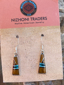 Navajo Turquoise, Onyx, Petrified Wood & Sterling Silver Inlay Dangle Earrings