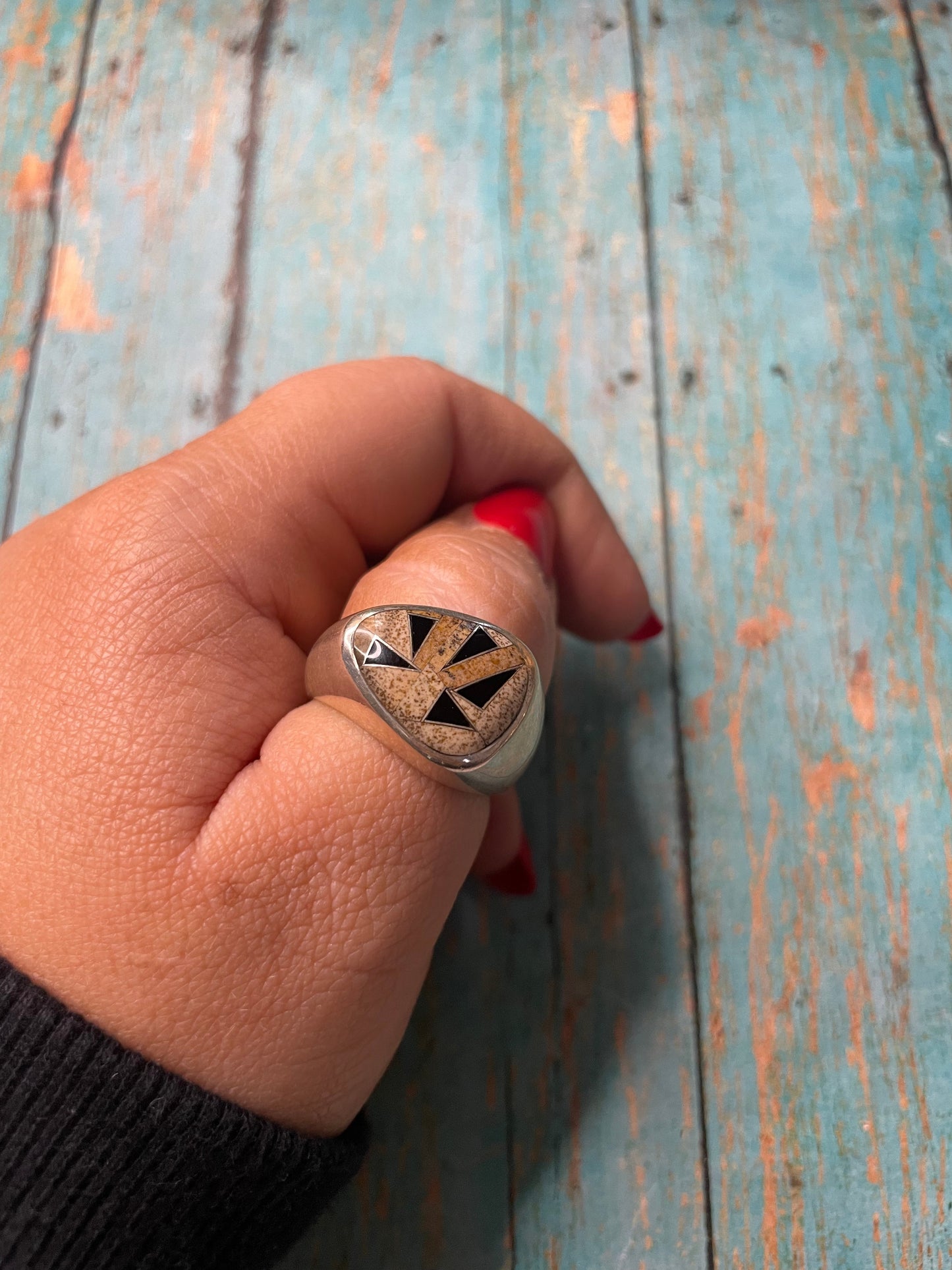 Old Pawn Navajo Sterling Silver, Tiger Eye & Onyx Ring Size 10.5