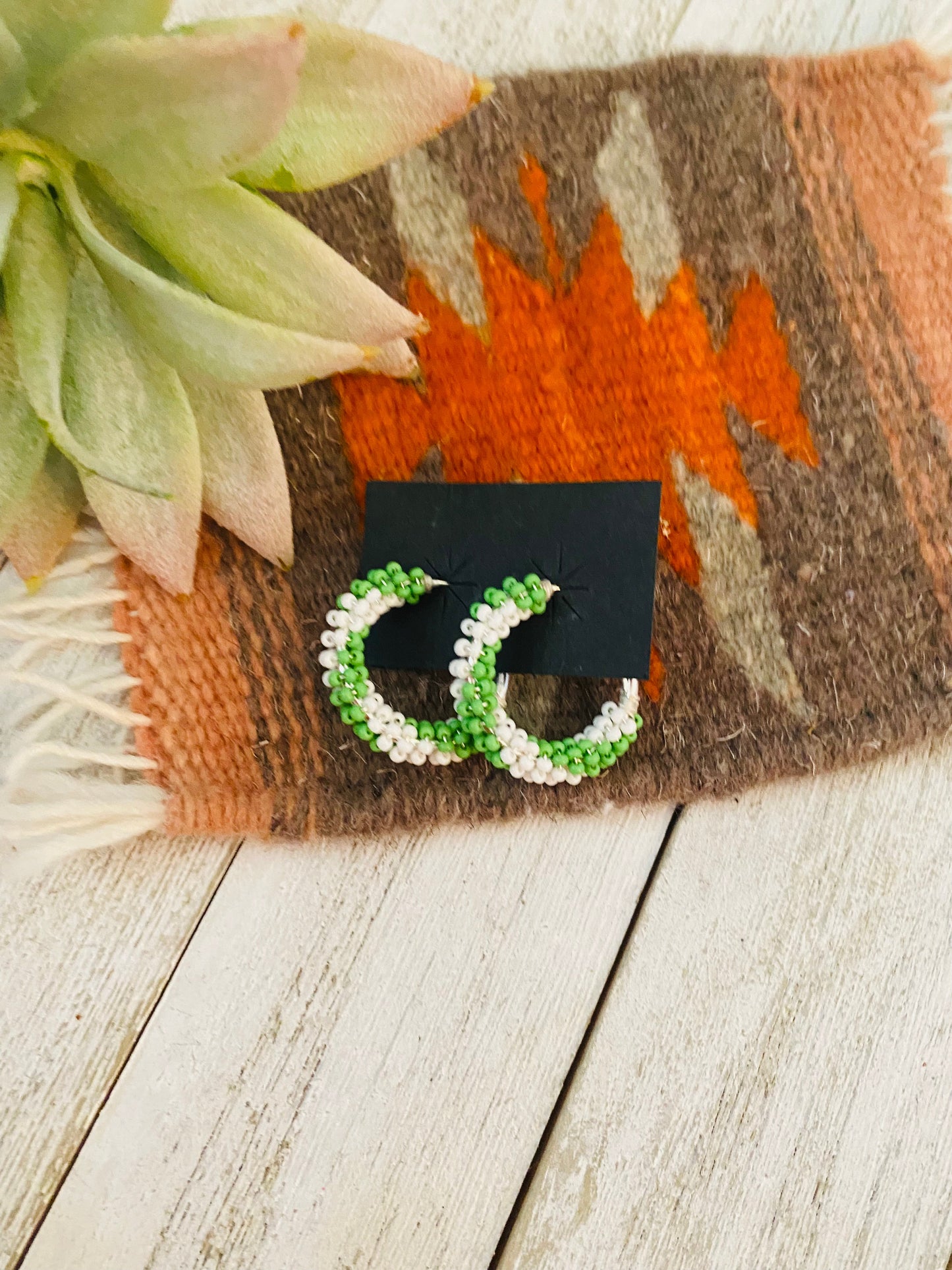 Navajo Handmade Beaded Hoop Earrings- green/white