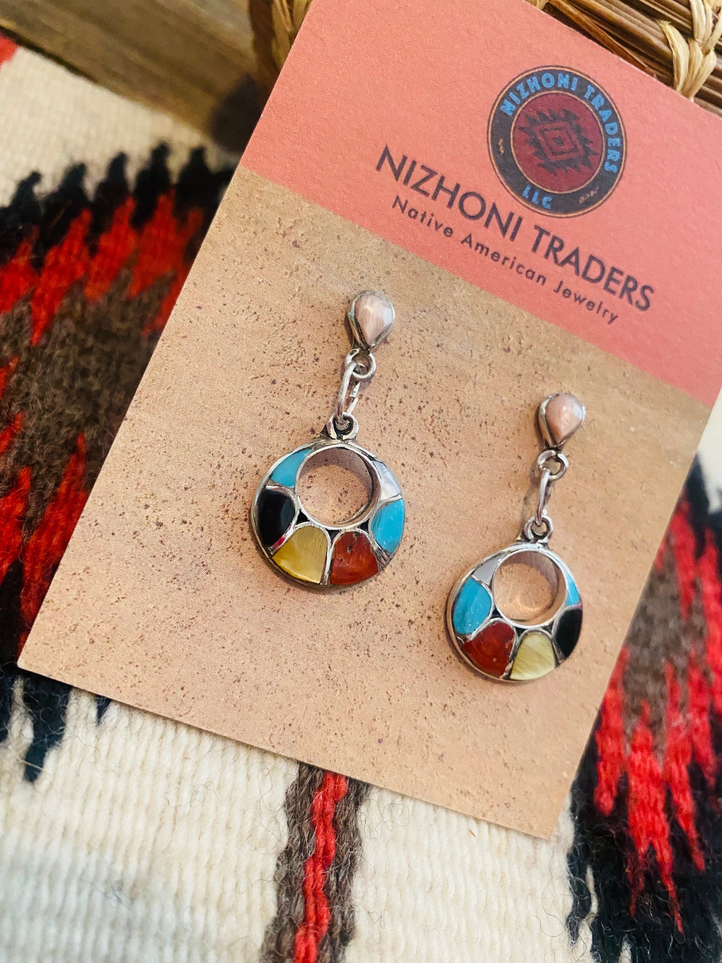 Zuni Sterling Silver & Multi Stone Inlay Dangle Earrings