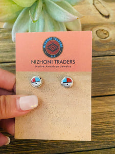Zuni Sun Face Multi Stone And Sterling Stud Earrings