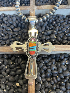 Navajo Multi Stone Inlay & Sterling Silver Cross Pendant Signed