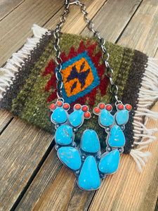 Navajo Sterling Silver, Turquoise & Coral Cactus Necklace