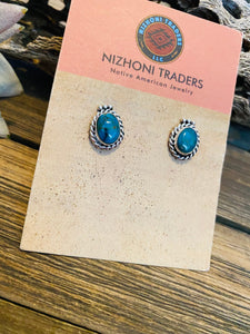 Navajo Sterling Silver & Turquoise Stud Earrings Signed