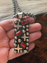 Load image into Gallery viewer, Navajo Sterling Silver &amp; Coral Cross Rectangle Pendant By Chimney Butte