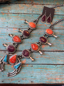 Navajo Multi Stone And Sterling Silver Squash Blossom Necklace Earrings Set By Tom Lewis