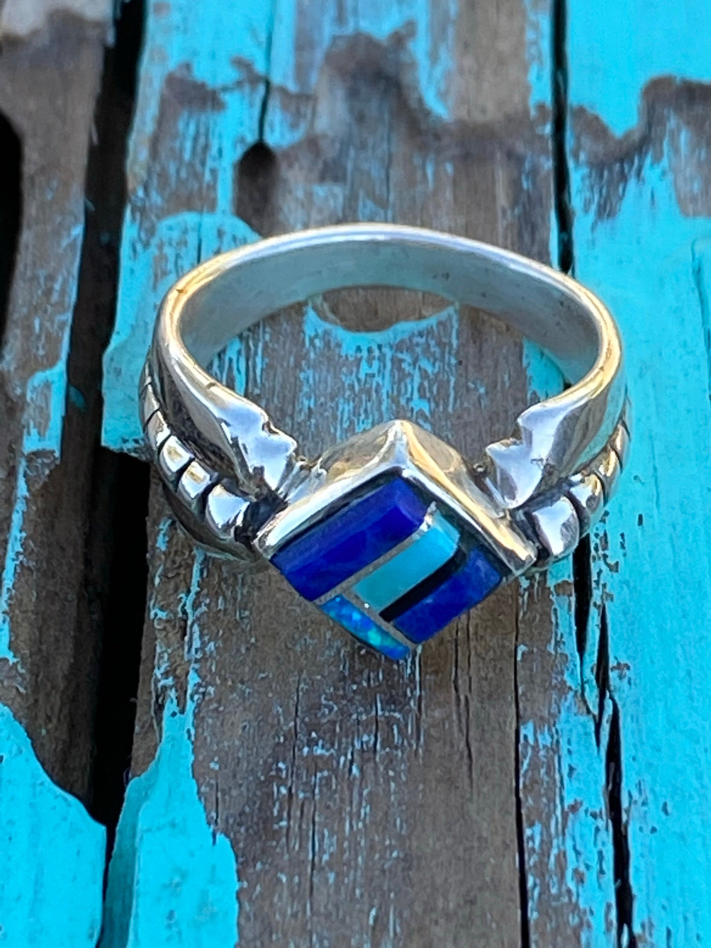 Navajo Lapis, Turquoise, Blue Opal Petite Square Ring Sz 5.25