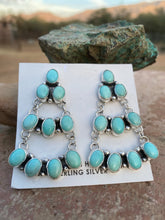 Load image into Gallery viewer, Navajo Carico Lake Turquoise &amp; Sterling Silver Cluster Dangle Earrings Signed