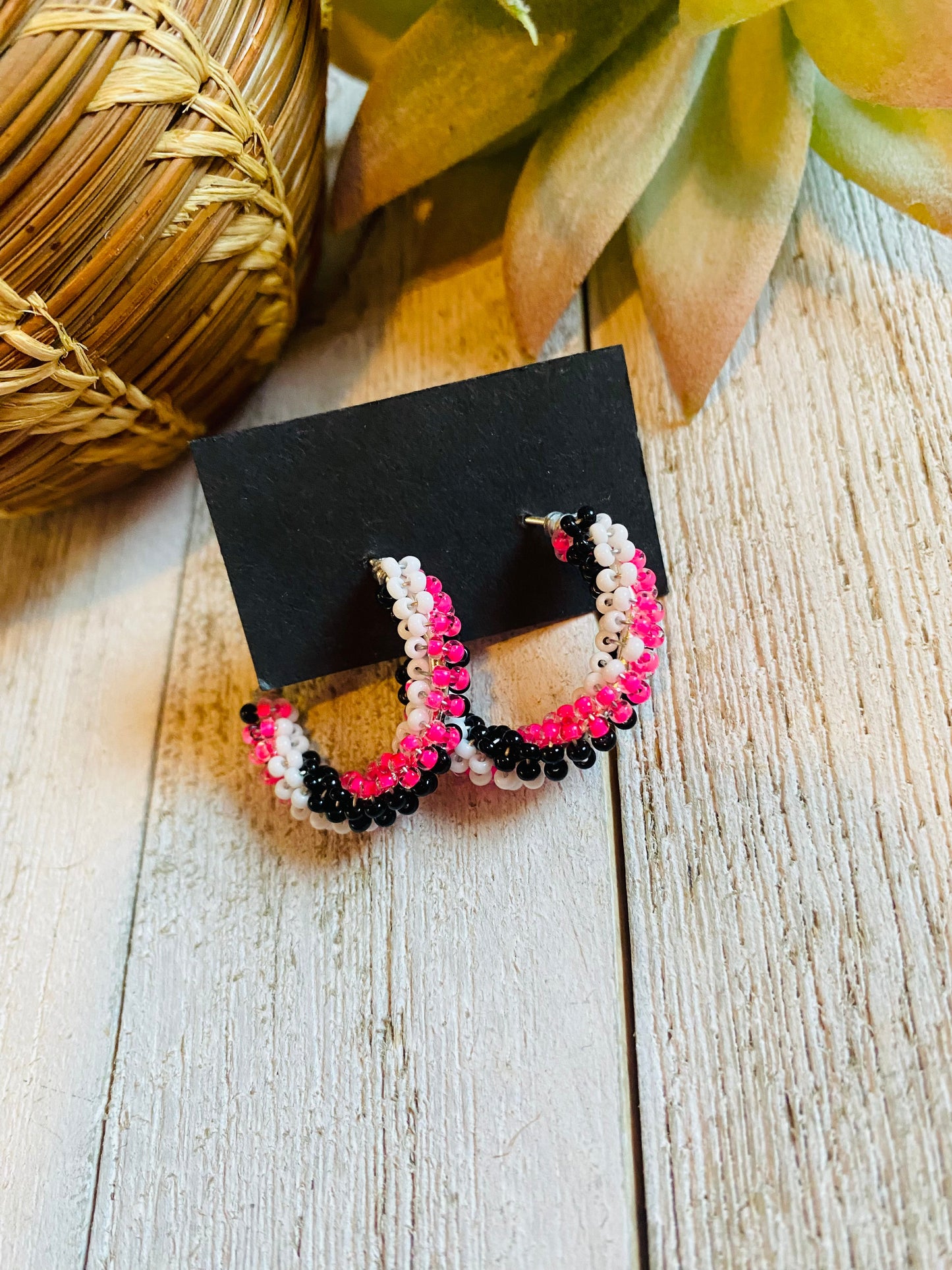 Navajo Handmade Beaded Hoop Earrings- pink