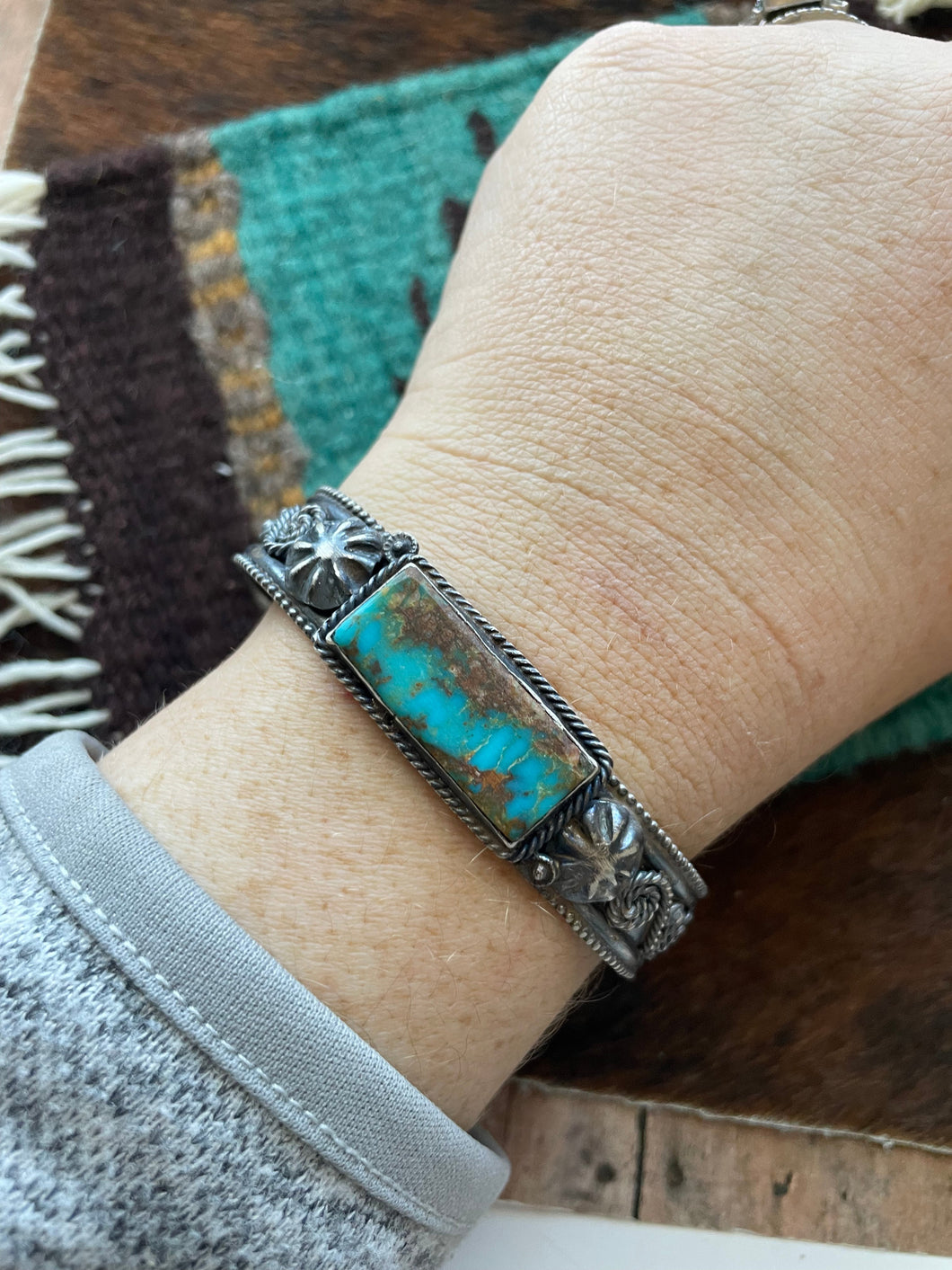 Navajo Turquoise & Sterling Silver Cuff Bracelet Signed Jacquline Silver