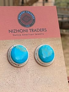 Navajo Kingman Turquoise  Sterling Silver Stud Earrings Signed