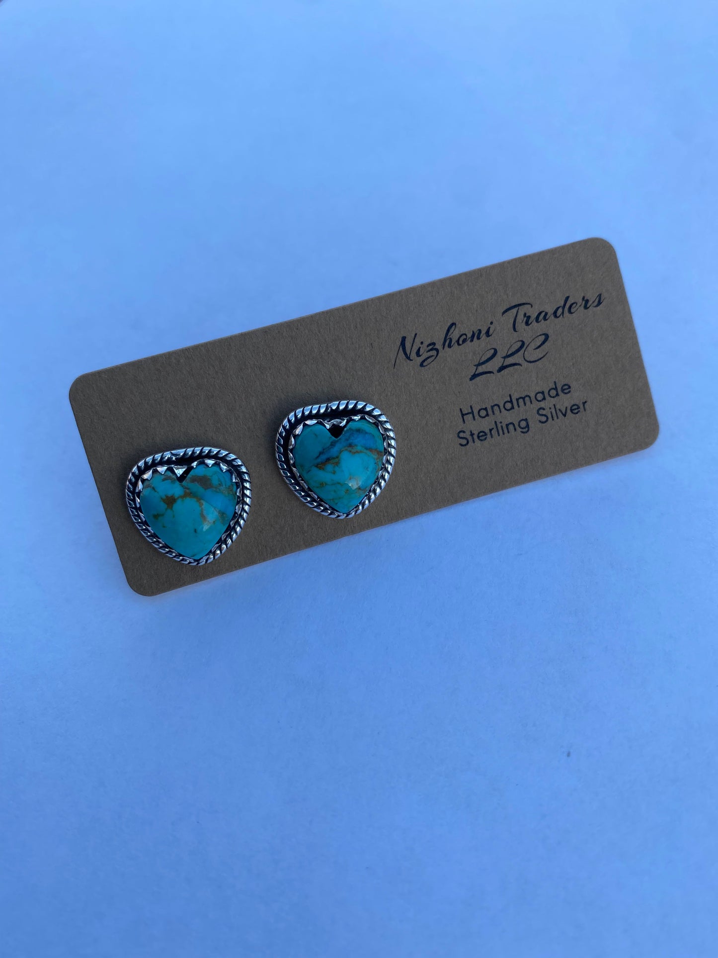 Handmade Royston Turquoise & Sterling Heart Stud Earrings