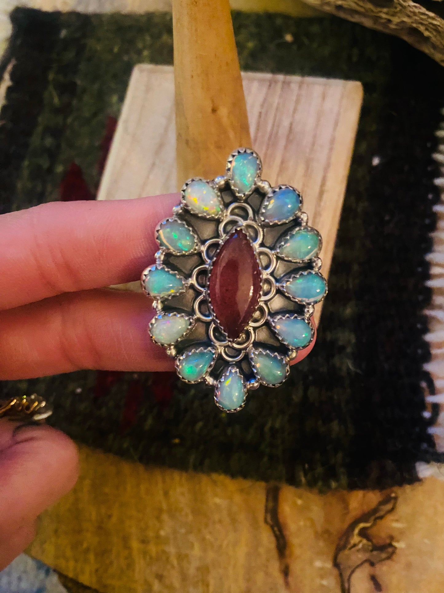 Handmade Sterling Silver, Agate & Opal Cluster Adjustable Ring