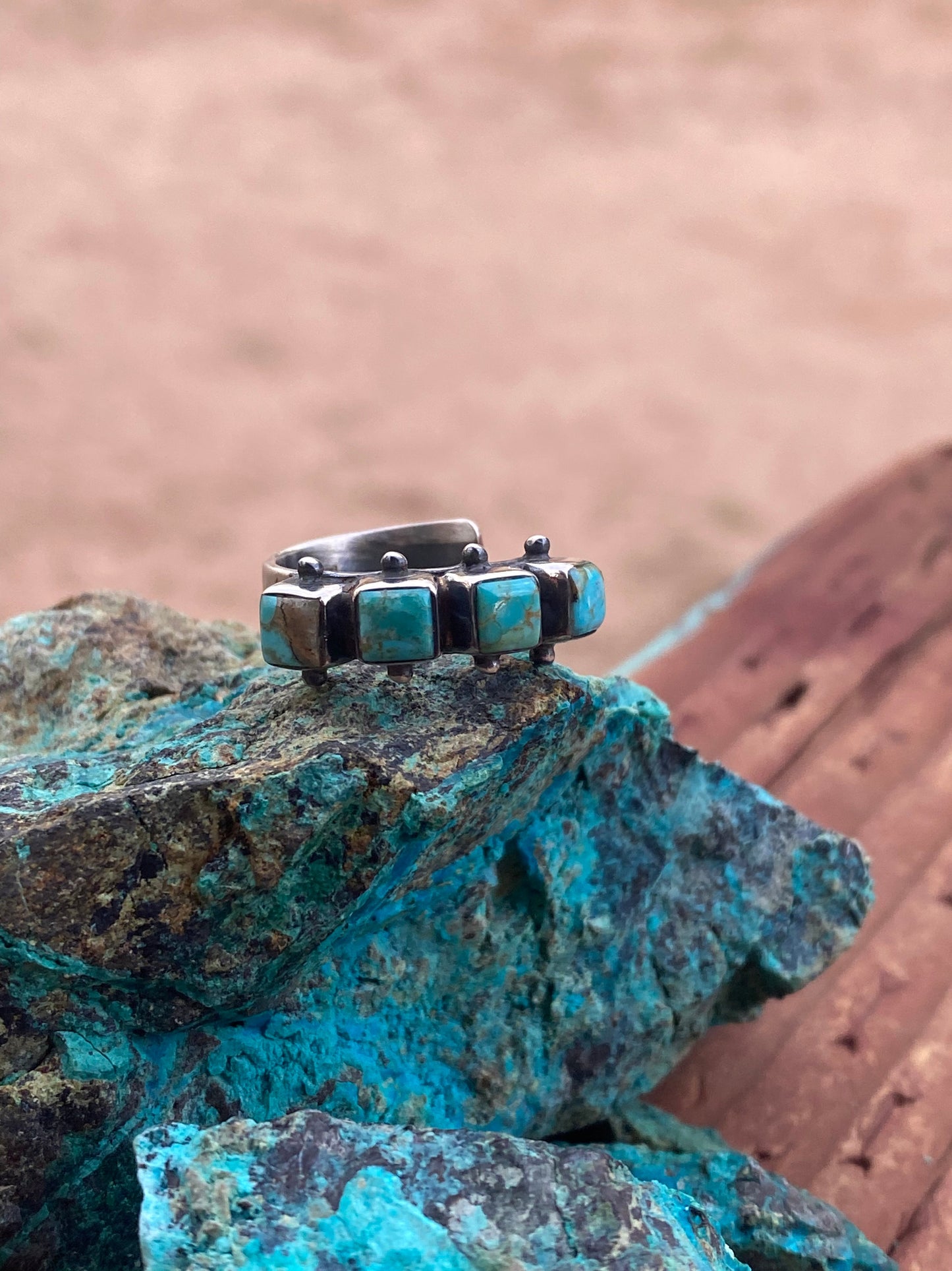 Handmade Sterling Silver & Natural Kingman Turquoise Square adjustable Ring