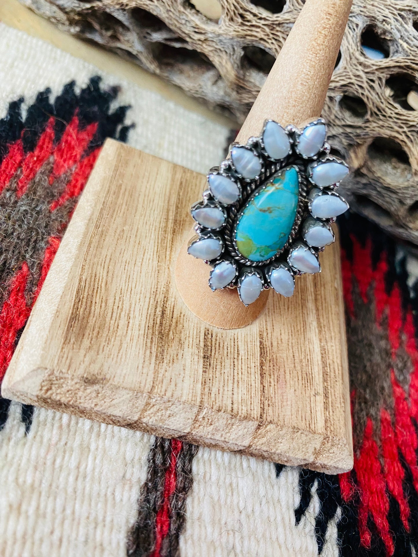 Handmade Sterling Silver, Turquoise & Pearl Cluster Adjustable Ring