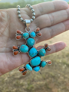 Handmade Sterling Silver Kingman Turquoise & Spiny Cactus Pendant