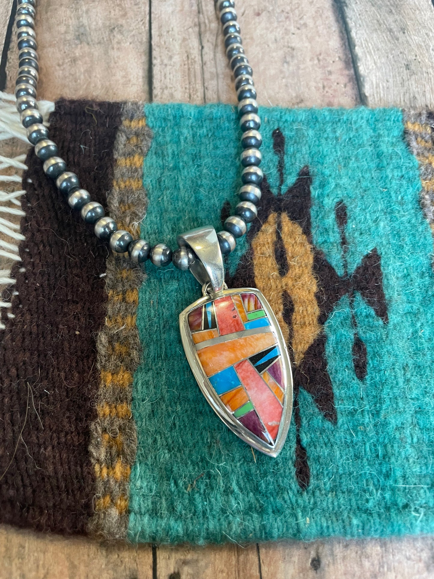 Navajo Multi Stone Inlay & Sterling Silver Pendant Signed