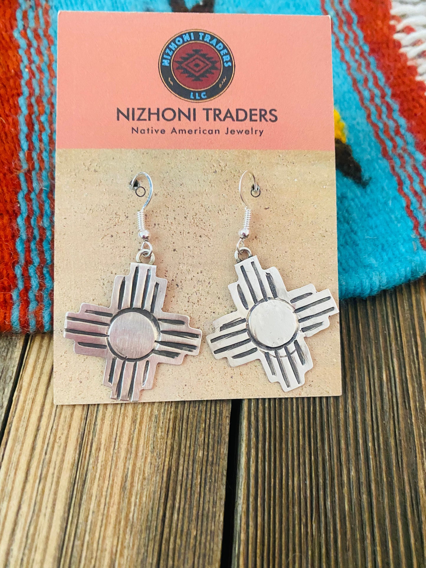 Navajo Hand Stamped Sterling Silver Zia Cross Dangle Earrings Signed