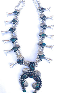 Vintage Navajo Turquoise & Sterling Silver Squash Blossom Necklace