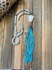 Navajo Howlite, Turquoise & Sterling Silver Pearl Beaded Tassel Necklace