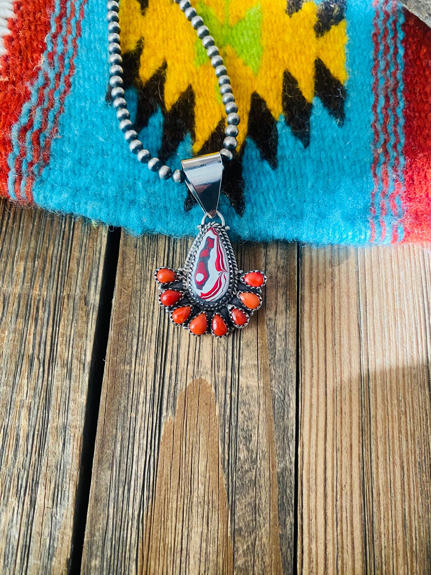 Handmade Sterling Silver, Fordite & Coral Cluster Pendant