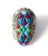 Load image into Gallery viewer, Handmade Sterling Silver &amp; Multi Stone Inlay Ring Size 6.5