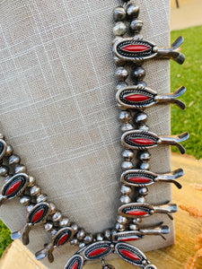 Vintage Navajo Coral & Sterling Silver Squash Blossom Necklace