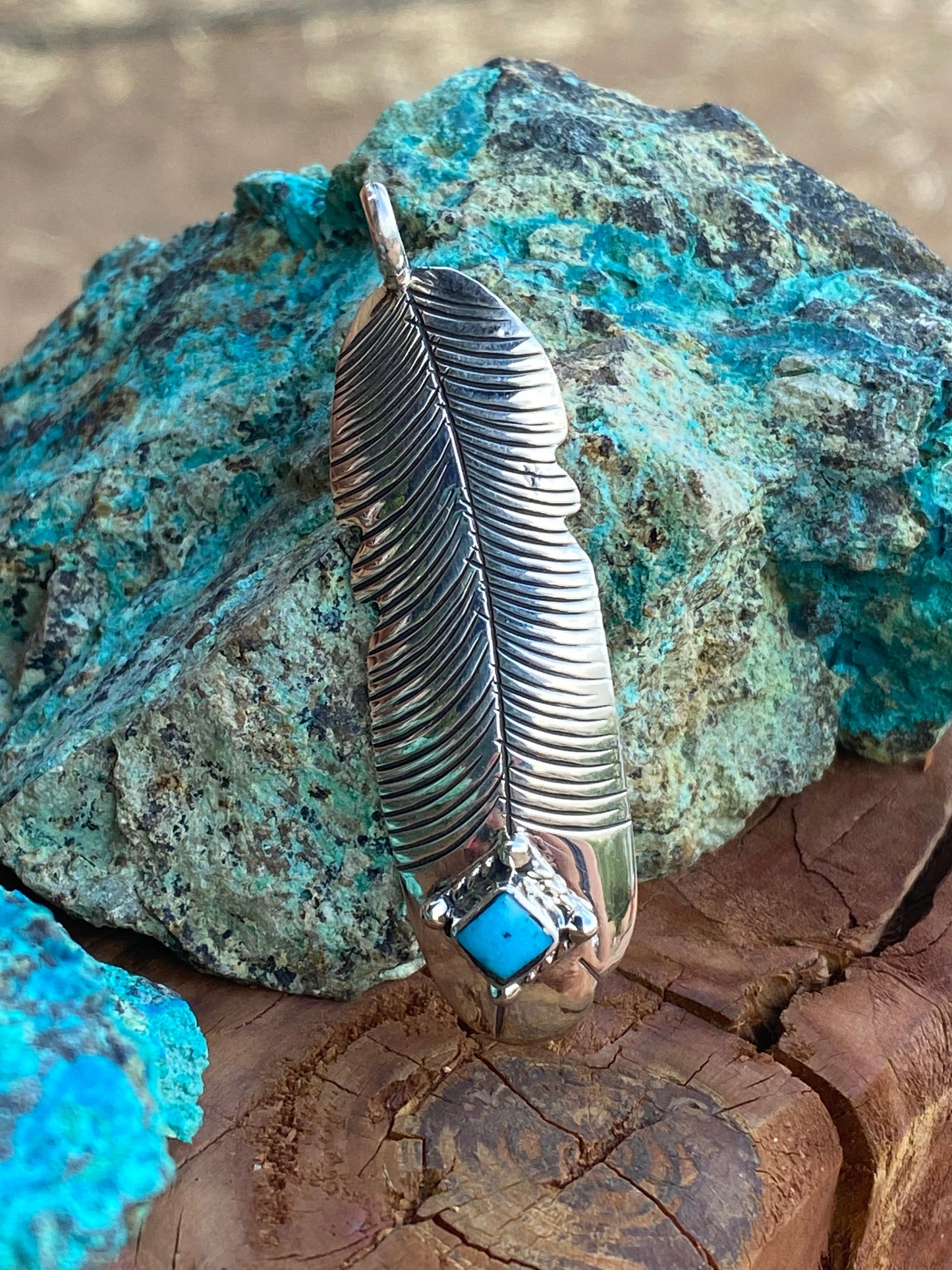 Navajo Kingman Turquoise & Sterling Silver Feather Pendant