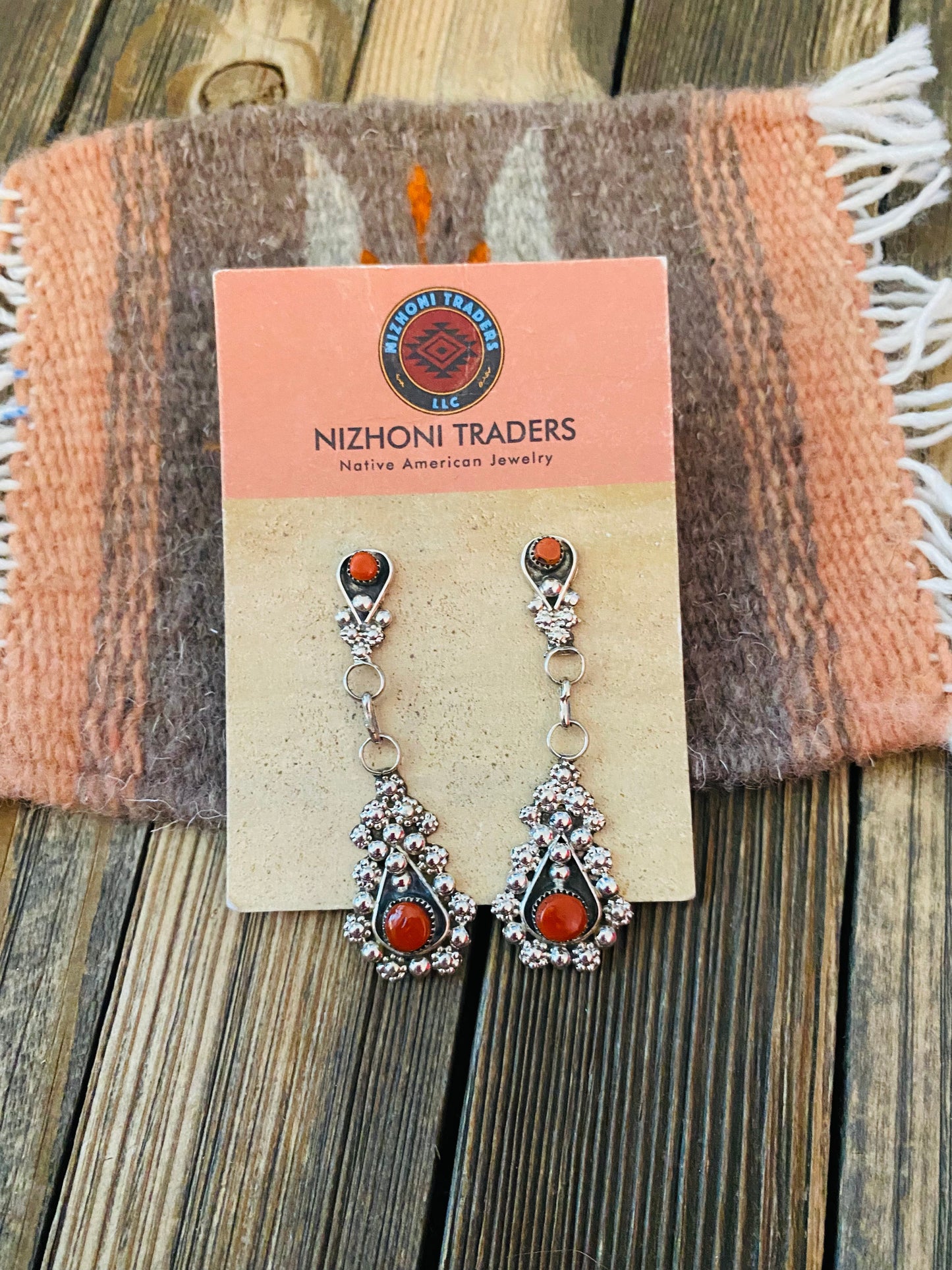Zuni Sterling Silver & Coral Dangle Earrings