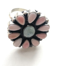 Load image into Gallery viewer, Navajo Golden Hills Turquoise, Pink Conch, and Sterling Silver Adjustable Ring Signed C. Yazzie