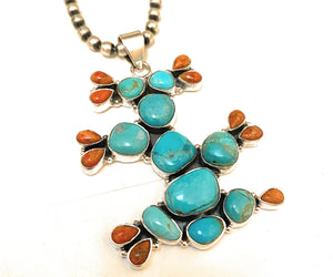 Handmade Sterling Silver Kingman Turquoise & Spiny Cactus Pendant